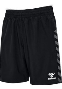 Pantaloncini sportivi neri con una fascia in vita strutturata, caratterizzati da un motivo geometrico riflettente sui lati e un logo bianco sulla parte anteriore inferiore.