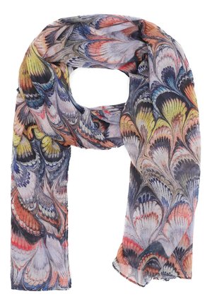 Sciarpa leggera con motivo a marmo in blu, rosso e giallo, caratterizzata da una texture liscia e bordi frangiati.