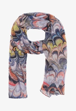 Sciarpa leggera con motivo a marmo in blu, rosso e giallo, caratterizzata da una texture liscia e bordi frangiati.