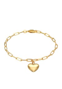 Goldene Armbandkette mit verlängerten Gliedern und einem glänzenden, dreidimensionalen Herz-Anhänger. Verfügt über einen sicheren Verschluss zum Befestigen.