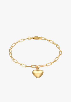 Bracelet en chaîne dorée avec des maillons allongés et un pendentif en forme de cœur brillant et tridimensionnel. Dispose d'un fermoir sûr pour le fermer.