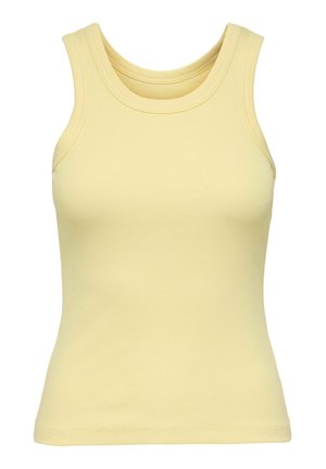 Αμάνικη ριμπ μπλούζα σε απαλό κίτρινο με στρογγυλή λαιμόκοψη και εφαρμοστή σιλουέτα.