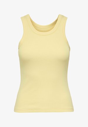 Débardeur sans manches en côte de couleur jaune pâle avec un décolleté rond et une silhouette ajustée.