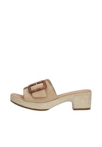 Beige suede sandal with a wide strap featuring a rectangular brown buckle accent, and a textured wedge heel with a striped pattern.