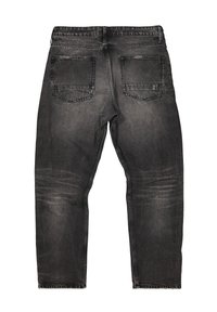 Dunkelgraue, ausgewaschene Jeans aus Denim, von hinten gezeigt, mit zwei quadratischen Gesäßtaschen und sichtbaren Nahtnähten.