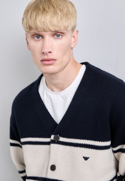 Νεαρός άνδρας με ξανθά μαλλιά φορώντας ένα ναυτικό και κρέμα ριγέ πλεκτό πουλόβερ πάνω από ένα λευκό πουκάμισο, κοιτάζοντας μπροστά με ουδέτερη έκφραση.
