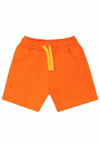 Pantalones cortos de algodón naranja con una cinturilla elástica y un cordón amarillo, que cuentan con dos bolsillos laterales y un dobladillo recto.