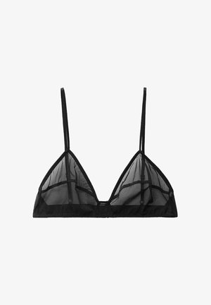 Black sheer bralette with triangle cups, adjustable straps, and a delicate lace trim at the bottom. Minimalist design with transparent fabric.