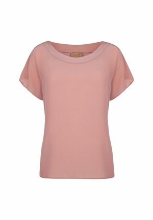 Lys rosa kortærmet bluse med bred scoop-udskæring. Fremstillet af et glat, blødt stof, der har en afslappet pasform og ingen synlige udsmykninger.
