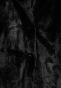 Cappotto in pelliccia sintetica nera con una texture morbida e peluche, colletto a revers e bottoni neri sul davanti. Design minimalista.