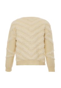 Maglione color crema con una finitura morbida e testurizzata. Presenta un motivo a zigzag e orlo a costine. Maniche lunghe e vestibilità rilassata.