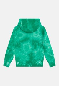 Green tie-dye hoodie with a soft texture, featuring a hood, long sleeves, and a relaxed fit. Notable swirling patterns in varying shades of green.
