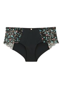 Sous-vêtements noirs avec des accents en dentelle, présentant un motif géométrique multicolore. Tissu lisse avec un bord festonné et un détail décoratif de bouton en or.