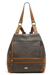 Multicolored tote bag with a patterned fabric in dark brown and beige, featuring a top handle and front zip pocket with leather accents.