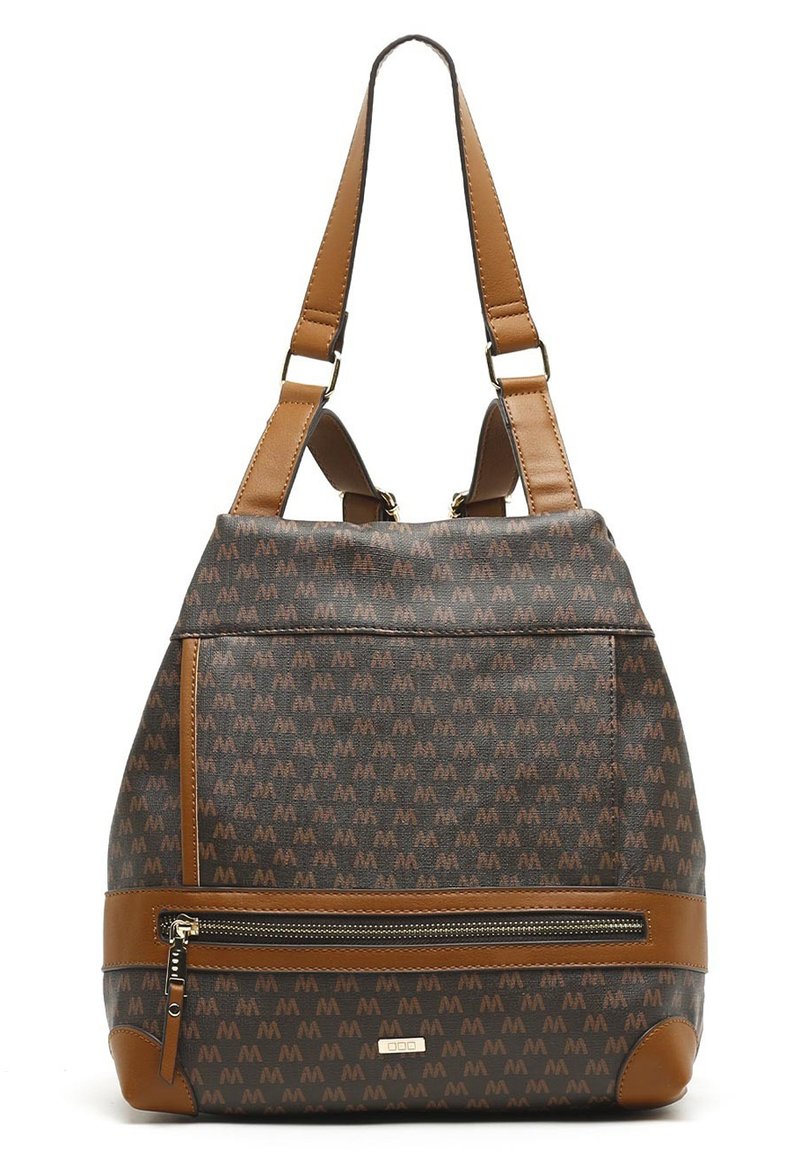 Bolsa tote multicolor con tela estampada en marrón oscuro y beige, que cuenta con un asa superior y un bolsillo con cremallera en la parte delantera con detalles de cuero.