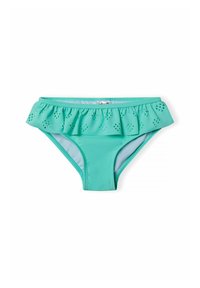 Parte inferiore di bikini turchese con vita arricciata, caratterizzata da dettagli a taglio e texture liscia. Completamente foderata per una maggiore copertura.