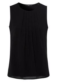 Schwarzes ärmelloses Top aus leichtem Material, mit vertikalen Falten auf der Vorderseite und einem runden Ausschnitt sowie einem geraden Saum.