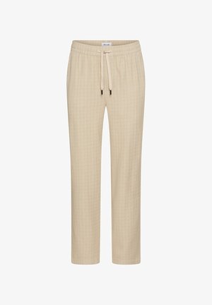 Beige patterned trousers with an elastic waistband and drawstring; straight-leg design; soft fabric texture; minimalistic accents.