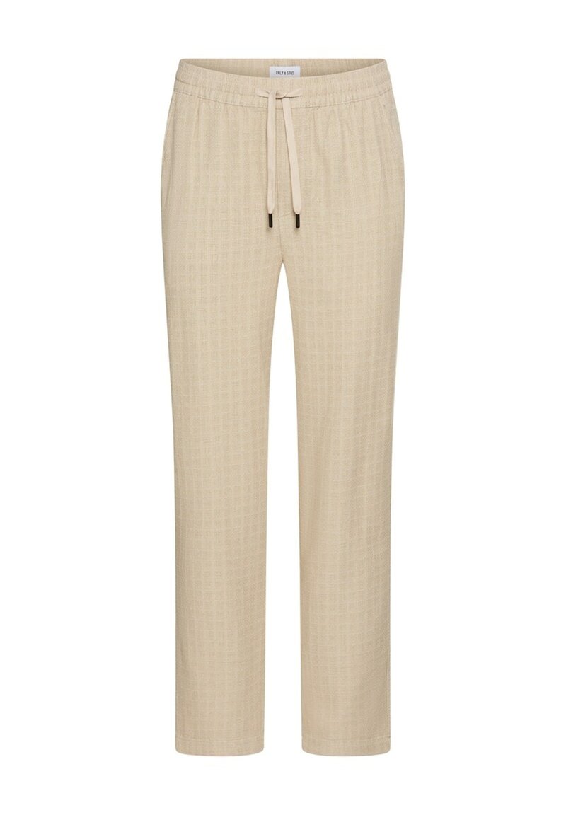 Beige gemusterte Hosen mit elastischem Taillenbund und Kordelzug; gerade Beinform; weicher Stoff; minimalistische Akzente.