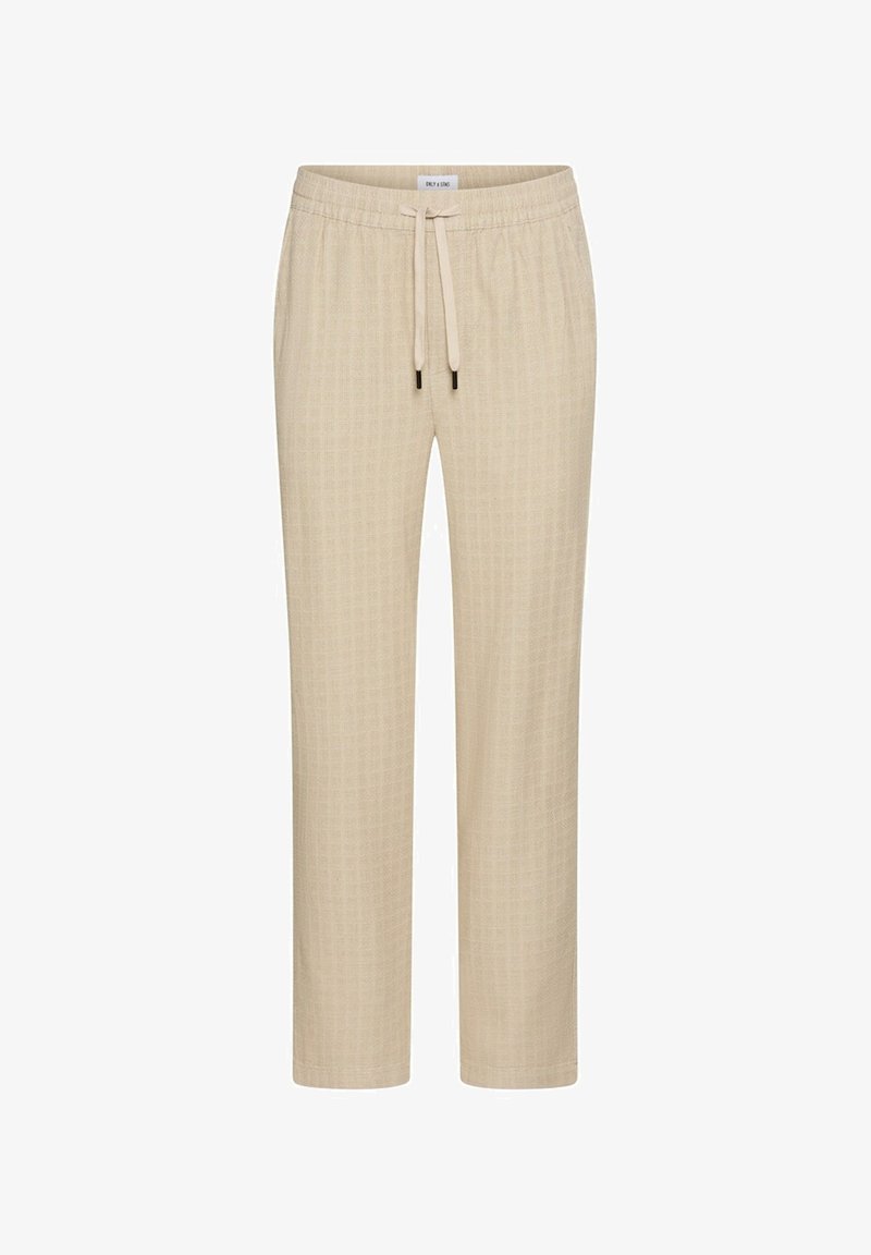 Beige gemusterte Hosen mit elastischem Taillenbund und Kordelzug; gerade Beinform; weicher Stoff; minimalistische Akzente.