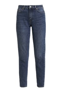 Vysoké modré džíny s rovnýcm střihem vyrobené z denimu. Funkce zahrnují vybledlé nášivky, přední zapínání na knoflík a design s pěti kapsami.