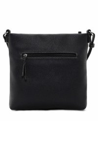 Borsa a tracolla nera in pelle con superficie texturizzata, dotata di tasca frontale con zip e spallaccio regolabile. Forma rettangolare compatta.