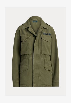Olivengrøn militærjakke med knap- og lynlåslukning, fire forlommer med klap og "POLO RL" broderi på brystlommen.