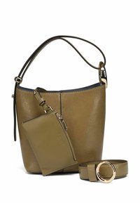 Borsa a tracolla in pelle verde oliva con tracolla regolabile, pochette con zip coordinata attaccata e una cintura separata con fibbia circolare dorata.