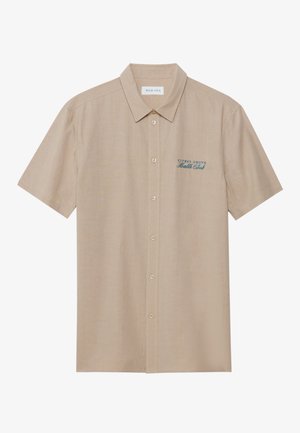 Short-sleeve beige shirt made of a lightweight fabric, featuring a collar and front button closure. Includes embroidered text in blue on the chest.