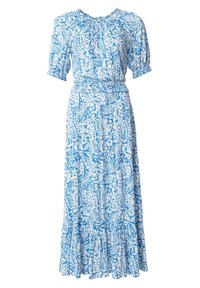 Maxiklänning med blommönster i blått och vitt, med puffärmar, elastisk midja och volangkant. Tillverkad av lättviktsmaterial.