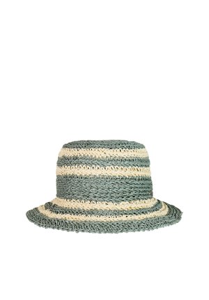 Gestreepte gevlochten bucket hoed met afwisselende groene en beige stroken, voorzien van een getextureerd, rondgebreid patroon.