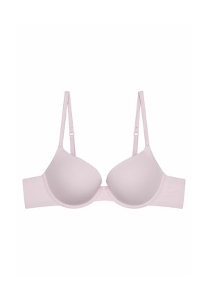 Light pink padded bra with adjustable straps, smooth texture, underwire support, and a seamless design for a fitted appearance.