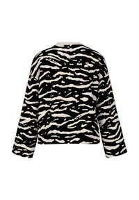 Black and white zebra-striped pullover with long sleeves, featuring a relaxed fit and a soft texture, emphasizing wavy patterns.