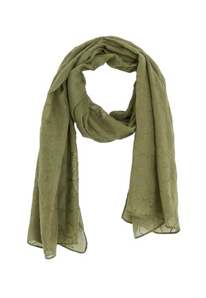 Écharpe vert olive clair avec broderies florales discrètes, délicatement drapée en boucle sur un fond blanc.