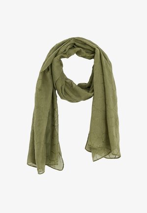 Écharpe vert olive clair avec broderies florales discrètes, délicatement drapée en boucle sur un fond blanc.