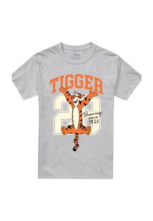 Graues T-Shirt mit der Figur Tigger aus Winnie Puuh, der springt, großer Zahl 25, oranger Schriftzug "TIGGER" und dem Schriftzug "Bouncing since 1928".