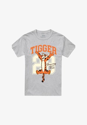 Gray t-shirt with Tigger character from Winnie the Pooh jumping, large number 25, orange "TIGGER" text, and "Bouncing since 1928" script.