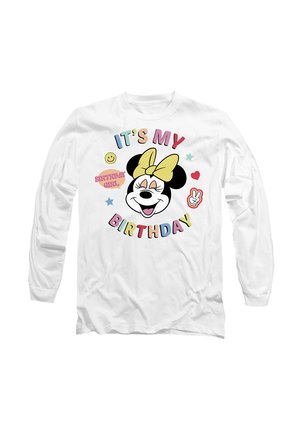 White long-sleeve t-shirt featuring animated character with a yellow bow, colorful text reading "It’s My Birthday," and playful graphic elements.