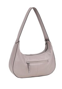 Borsa a spalla in pelle rosa chiaro, dalla forma curvilinea, con una texture liscia e una tasca anteriore con zip. Presenta bordi neri lungo i lati.