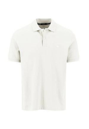 Weißes Polohemd mit kurzen Ärmeln, Zweiknopfleiste und kleinem, gesticktem Logo auf der linken Brust, moderner Schnitt.
