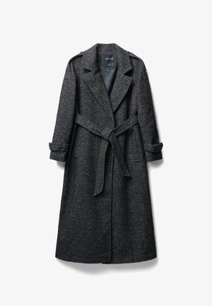 Long gray coat in a textured fabric with a belted waist, wide lapels, and rolled-up cuffs. Featuring a central opening and side pockets.