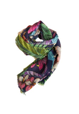 Multicolored floral scarf featuring vibrant pink, green, and blue patterns on a dark background, made of lightweight, soft fabric with fringed edges.