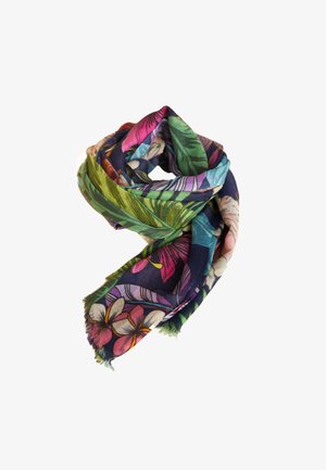Multicolored floral scarf featuring vibrant pink, green, and blue patterns on a dark background, made of lightweight, soft fabric with fringed edges.