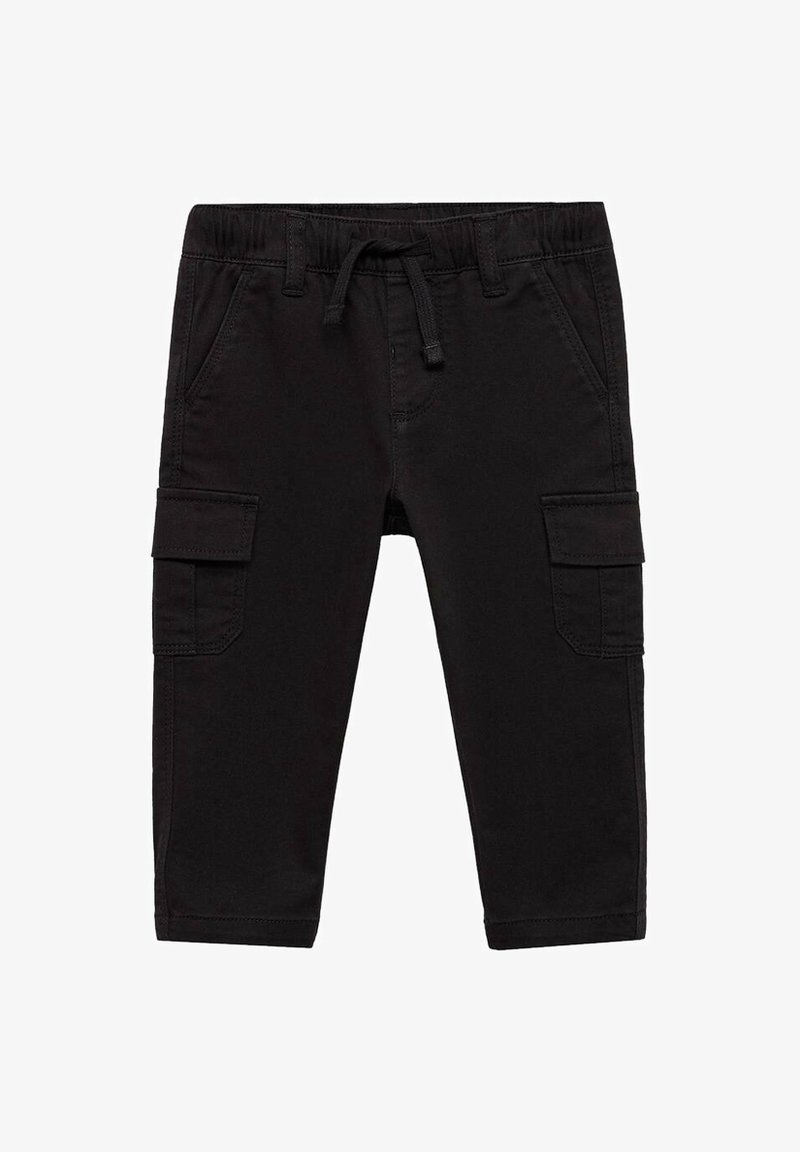 Pantalon cargo noir en mélange de coton, avec poches avant, poches cargo latérales et taille élastique avec cordon de serrage.