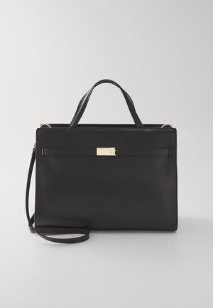 Black leather handbag with rectangular shape, top handles, and an adjustable shoulder strap. Features a gold-tone hardware accent on the front.