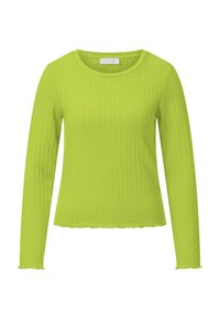 Hosszú ujjú felső élénk lime zöld színben, bordázott anyagból. Kerek nyakkivágással és hullámos szegéllyel. Díszítés nélküli kialakítás.