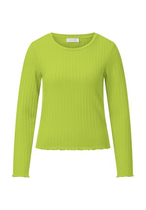 Dlhý rukáv, vrchný diel v jasne limetkovej zelenej farbe z rebrovanej látky. Má zaoblený výstrih a volánový lem. Bez ozdôb.