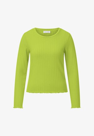 Dugi rukav top u jarko limunzelene boje, izrađen od rebrastog tkanja. Ima okrugli izrez i valoviti rub. Dizajn bez ukrasa.
