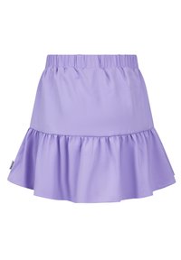 Lila rok van gladde stof met een elastische tailleband en een uitlopende rand met ruches. Het ontwerp heeft een eenvoudige, effen kleur door de hele rok.