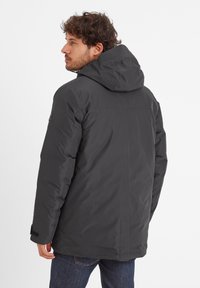 Dark gray puffer jacket with a hood, featuring a smooth texture, adjustable cuffs, and a regular fit. Includes a logo detail on the shoulder.